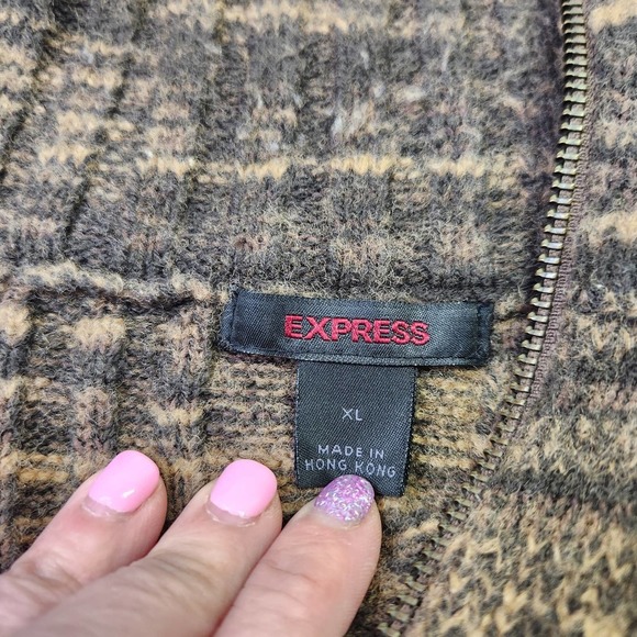 Vintage Express Size XL Mens Wool Blend Textured Collared Zip Up Sweater Brown - Picture 4 of 10